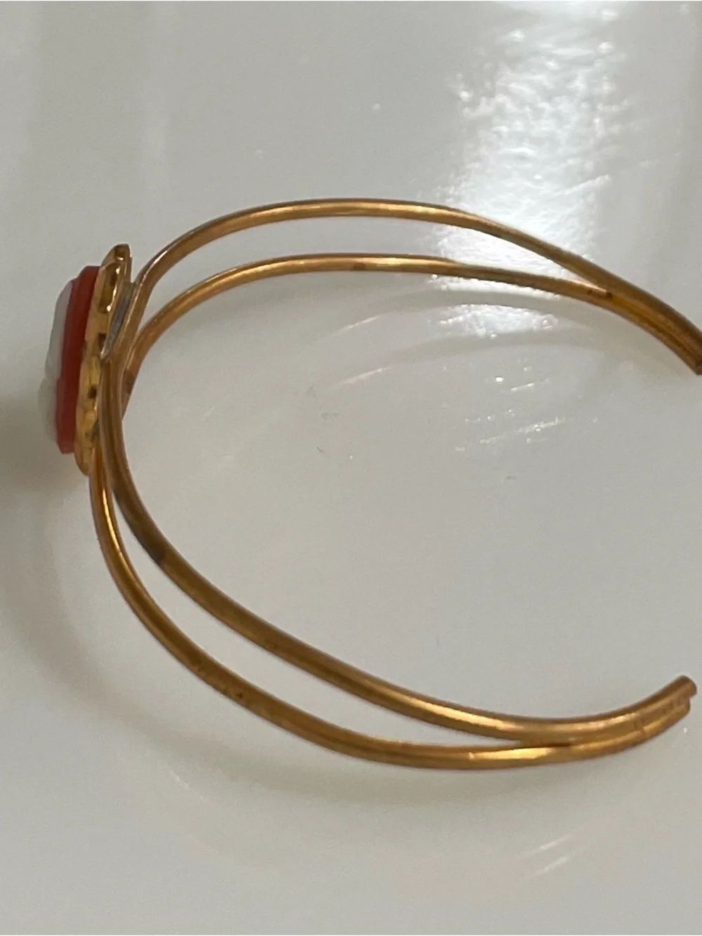 Vintage 1950’s Carnelian Cameo Brass Cuff Bracelet Victorian Cottagecore Grandma